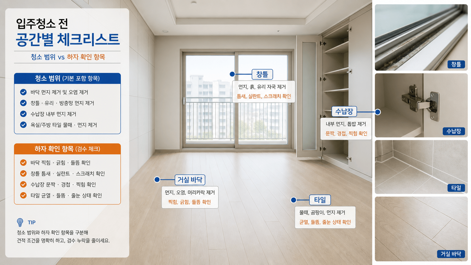 입주청소 전 공간별 체크리스트, 견적과 검수 누락 줄이는 법