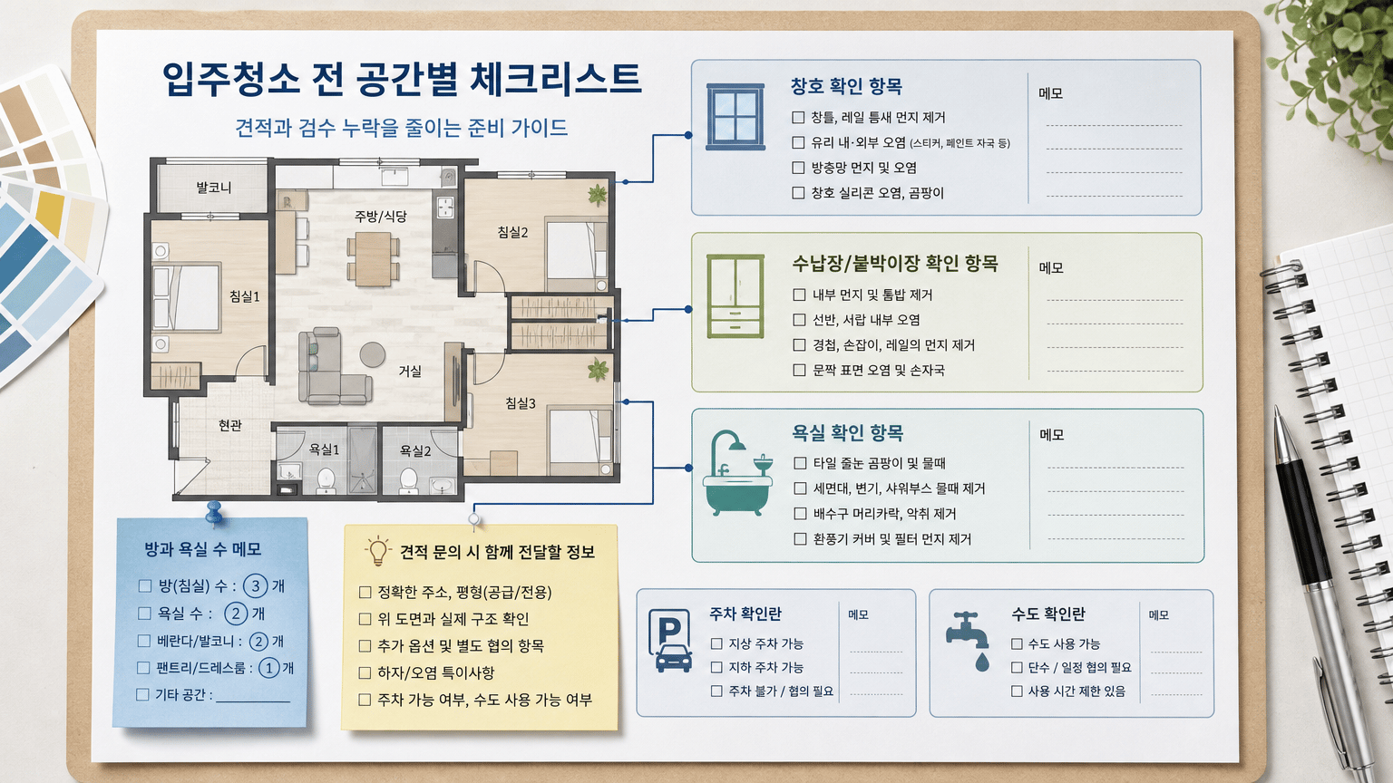 입주청소 전 공간별 체크리스트, 견적과 검수 누락 줄이는 법